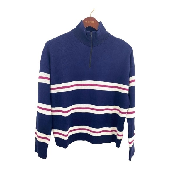 𝅺bp. Sweater Medium Womens Navy Half Zip Mock Neck Navy Pink White Stripe NWT - Picture 1 of 5